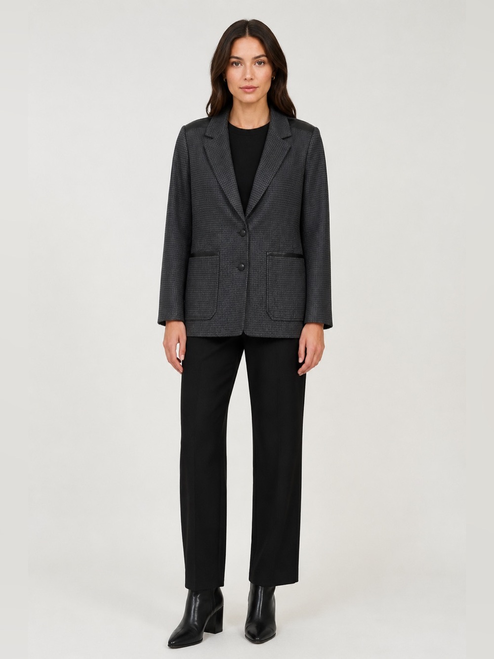 Sandro Paris Wool Leather Trim Houndstooth Blazer Jacket Size 38 US 6 / Medium